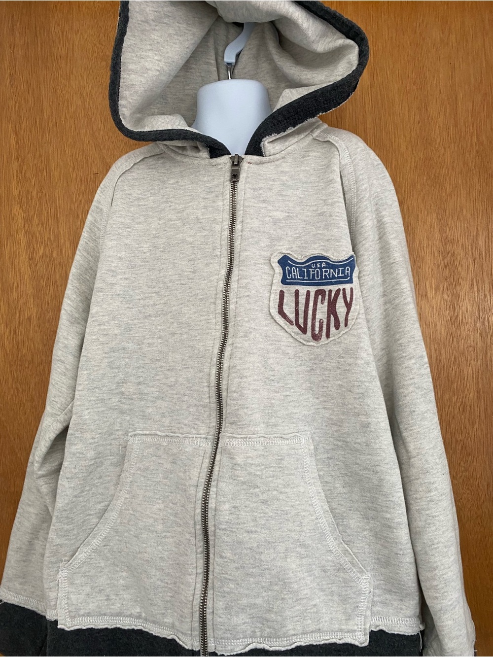 Lucky Brand Light Gray Kids Zip Hoodie with Navy Trim Unisex